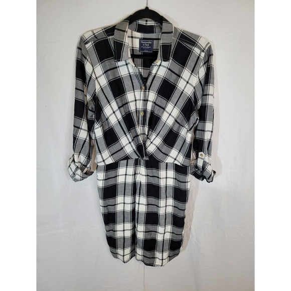 Abercrombie and Fitch Plaid Twist Front Button Down Dress Large Black and White - Picture 1 of 6